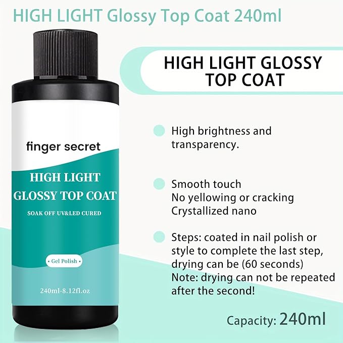High Light Glossy Top Coat, 240ml/8fl.oz, Gel Polish Nail Polish for Nail Art Manicure DIY