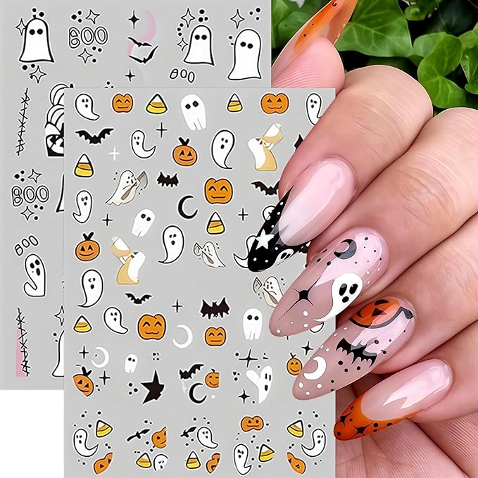 8 Sheets Halloween Nail Art Stickers Cute Flower Ghost Pumpkin Nail Decals Spooky Ghost Spider Web Bats Nail Design Stickers Floral Star Moon Nail Art Supplies for Women Holiday Nail Art Decorations