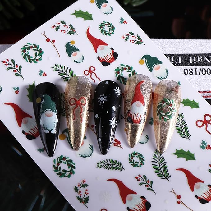 3 Sheets Christmas Nail Art Stickers Santa Claus Nail Decals with Xmas Tree Colored Light Design 3D Self-Adhesive Glowing Nail Stickers Acrylic Nail Supplies for Women DIY Christmas Decorations