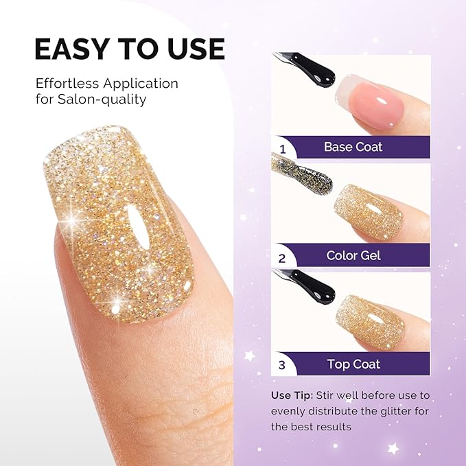 MelodySusie Galaliver Glitter Gel Nail Polish, 15ML Sparkly Shimmer Gel Polish Soak Off UV LED Cured Long Lasting Gift for Women DIY Nail Design Nail Art Manicure Noble Gold X02