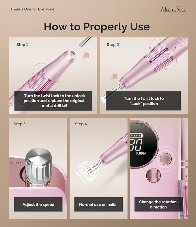 MelodySusie Professional 30000RPM Nail Drill, SC320F Cordless Clip-on Nail File with Drill Bits & Sanding Bands, Rechargeable Electric Efile for Acrylic Nails, Gel Polish Removal at Home Salon