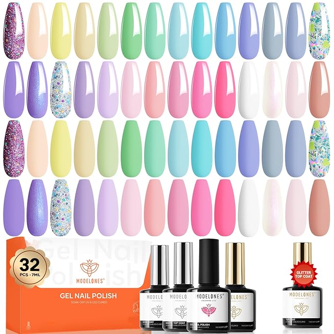 modelones 32 PCS Summer Gel Nail Polish Set, 28 Colors Pastel Gel Polish with No Wipe Base Coat, Glitter & Glossy & Matte Top Coat Maracon Colors Soak Off LED Nail Art Kit