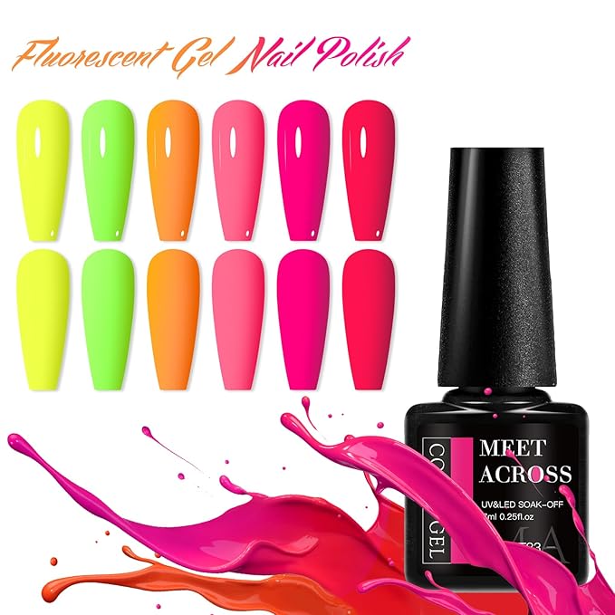 MEET ACROSS Neon Gel Nail Polish Set, Fluorescent Hot Pink Yellow Green Red Spring Summer Nail Polish Kit LED UV Gel Nail Polish Starter Manicure Salon DIY Nail Gel Polish 6 Colors