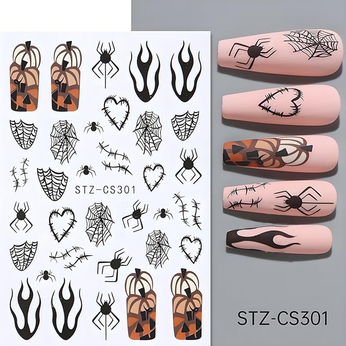 Halloween Nail Art Stickers, Cute Ghost Nail Art Decals 3D Self-Adhesive Spider Bat Pumpkin Stars Skull Spider Web Nail Design 8Pcs Halloween Nail Art Supplies for Women Nail Decoration