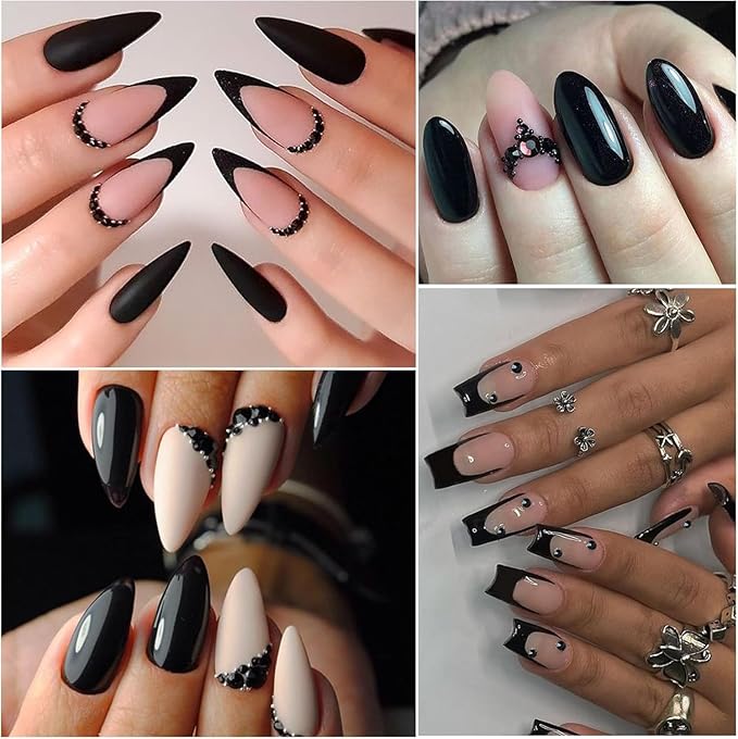 Nail Art Pearls with Rhinestones Glue Gel Flatback Pearls Nail Charms Luxurious Nails Supplies Accessories Gold Silver Gems Jewelry Pearl for Women Nails Design(Black)