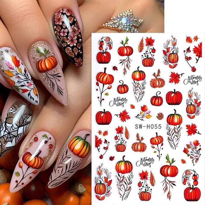 6 Sheets Pumpkin Nail Art Stickers Autumn Maple Leaf Nail Decals Maple Leaves Pumpkin Design Thanksgiving Day Nail Sticker Fall Stickers DIY Manicure Decoration Supplies for Women