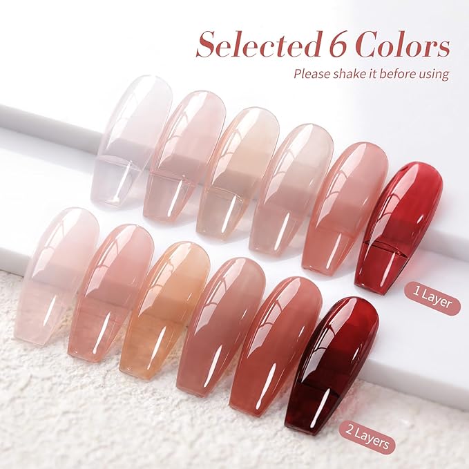Born Pretty Jelly Burgundy Gel Nail Polish Fall Winter Blood Wine Red Nude Pink Gel Polish Sheer Transparent Halloween Gel Polish Kit Wild Rose for Salon Manicure and Nail Art DIY at Home 6Colors