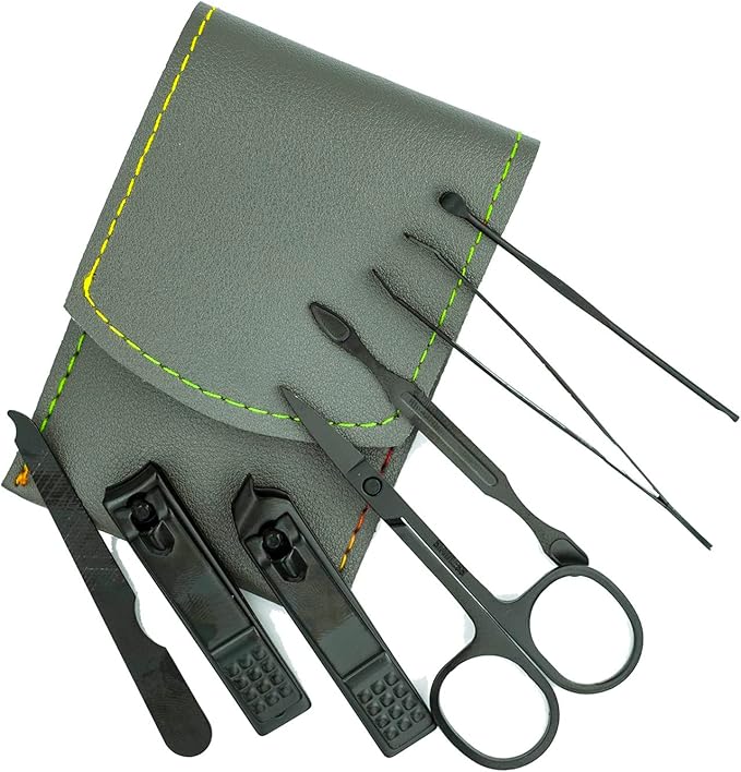 Nail Clipper Set, 7PCS Manicure Set Fingernail Clippers Kit Black Stainless Steel Pedicure and Manicure Kit with Grey PU Leather Case
