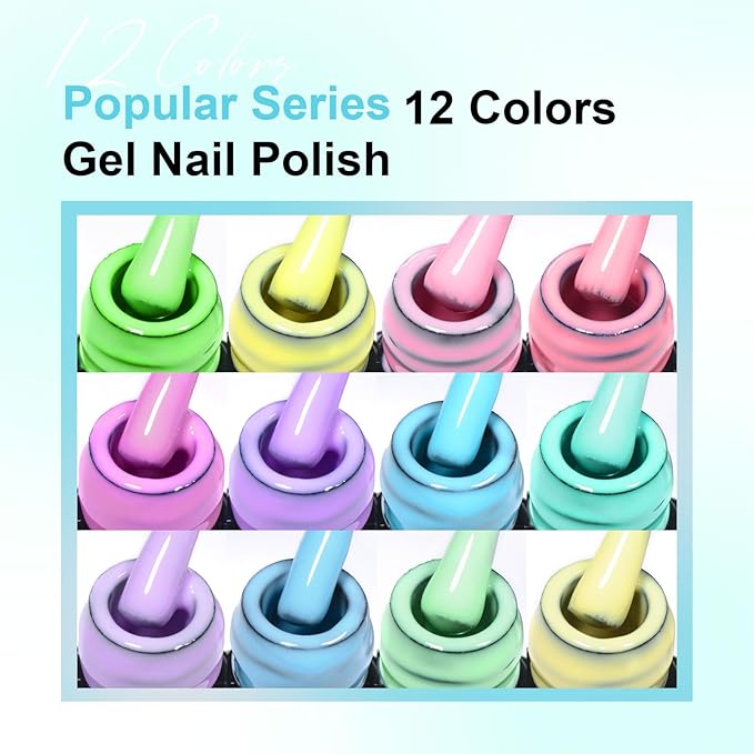 MEET ACROSS 12PCS Gel Nail Polish Set, 12 Colors Gel Nail Kit Art Design Soak Off UV LED,Nail Art Design Gifts for Women (SET-12, 12PCS)