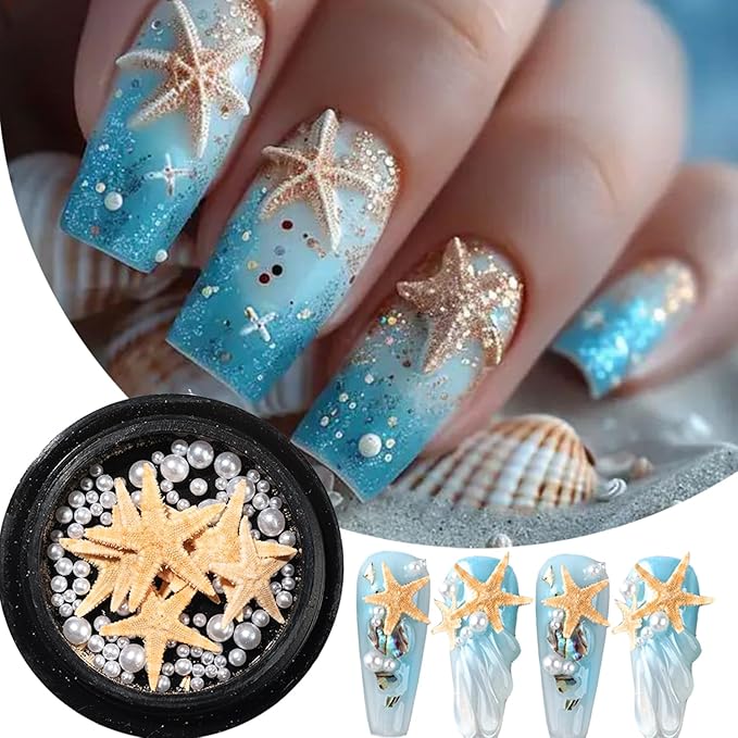 Summer Nail Art Rhinestones Ocean Nail Charm Shiny Shell Starfish Pearl Nail Design 3D Beach Theme Summer Nails Cute Nail Charm for Acrylic Nail Supplies DIY Crafts Manicure Decoration Accessories