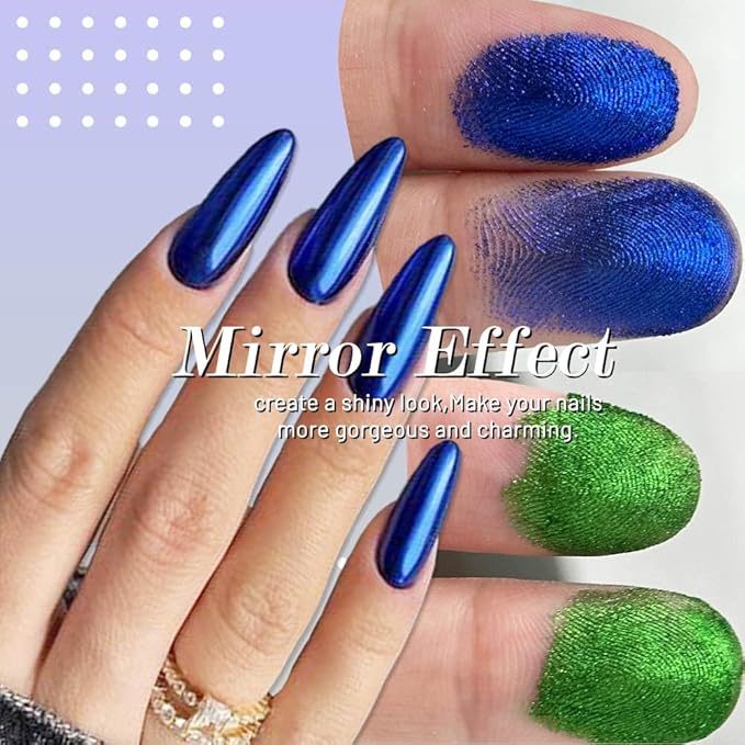 evpct 2Pcs Blue Green Metallic Mirror Effect Chrome Nail Powder Kit for Nails Polish Rainbow Holographic Iridescent Chameleon Neon Nail Pigment Mirror Chrome Nail Powder for Gel Nails Glitter