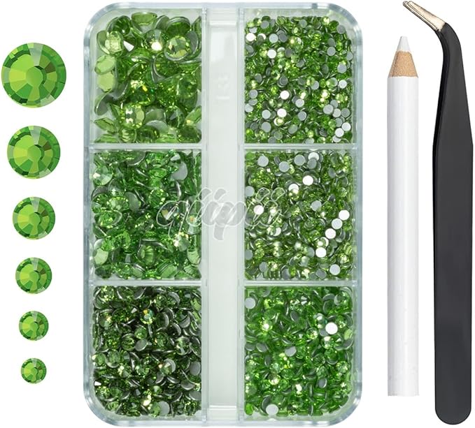 2550pcs Light Green Nail Art Flatback Rhinestones for Face Makeup & DIY Crafts - Grass Green Nail Gems & Gemstones K9 Glass SS4SS20 6 Sizes Diamonds Stones Crystals w Tweezer & Picking Pen