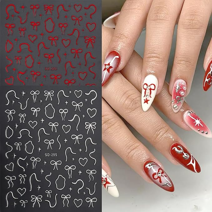 4Sheets Gold Silver Bows Nail Art Stickers 3D Cute Red Bows Heart Nail Decals for Acrylic Nails Self-Adhesive Irregular Lines Designs Nail Stickers Love Star Nail Decal for Women DIY Manicure Decor