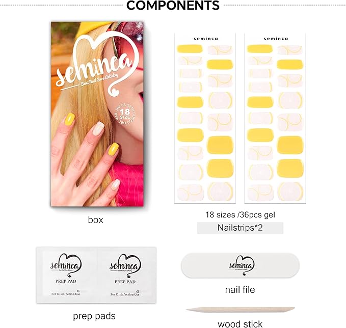 Semi Cured Gel Nail Strips-Salon Quality Semi-Cured Gel Press On Nails Stickers Quick DIY Nail Art Manicure Kits for Women at Home Works with Any UV/LED Lamps(Lemon Summer)