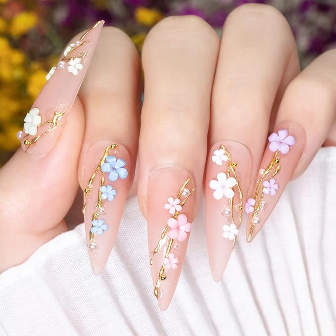 3D Flower Nail Charms - Colorful Flatback Rhinestones in White, Pink, Green, Blue. Acrylic Flowers with Golden Beads & Pearls - DIY Nail Art Supplies