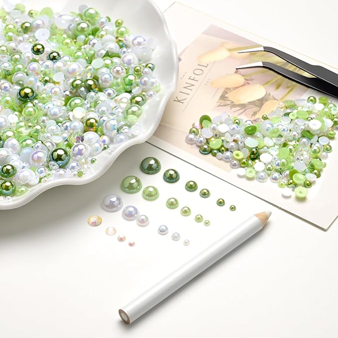 80g Mix Flatback Pearls and Rhinestones for Crafts Emerald Green Mixed Size 2mm-10mm Half Round Pearls Rhinestones for Nail Art Tumblers Shoes DIY Bedazzling with Tweezers Wax Pen