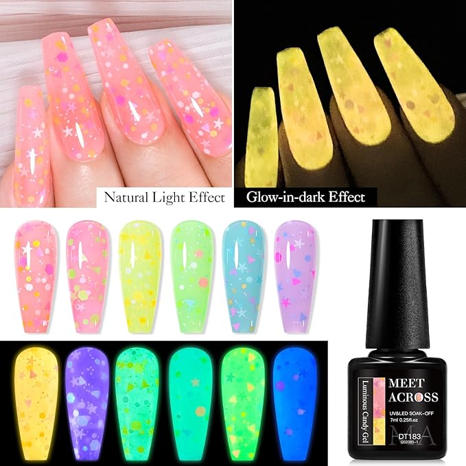 MEET ACROSS Candy Glow in the Dark Gel Nail Polish Set, 6 Colors Luminous Light Pink Yellow Purple Glow Effect Nail Polish with Sequins Soak off UV LED Cured for Home Salon DIY Manicure
