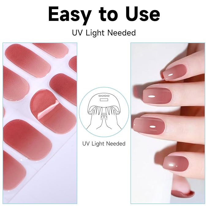 Semi Cured Gel Nail Strips, 28 pcs Gel Nail Stickers, Work with Any UV Lights, Long-Lasting Nail Wraps, Stick on Nails for women Easy to Apply & Remove