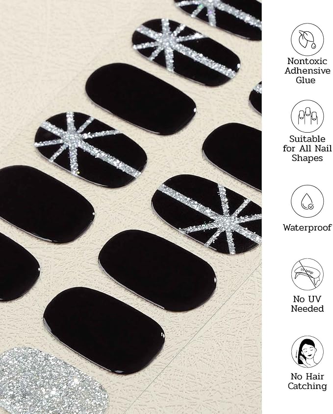 Nail Polish Strips - 22 Pcs Salon Quality Gel Nail Stickers - Long Lasting Wraps (Saint Black Glitter)
