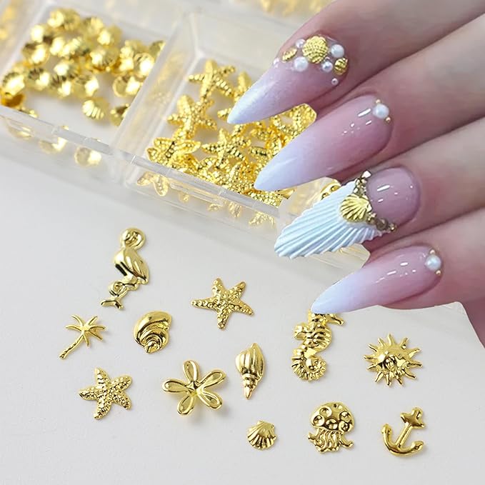 Metal Beach Nail Art Charms 3D Gold Marine Life Nail Charms with Seahorse Shell Starfish Designs Nail Rhinestones for Acrylic Nails Golden Palm Tree Flowers Nail Jewelry for Women Summer Nails Supply