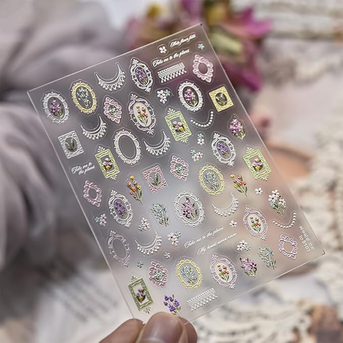 1 Sheets 5D Retro Flower Nail Art Stickers Spring Summer Floral Nail Decals Embossed Picture Frame Tulip Nail Design Supplies Colorful Daisy Nail Stickers for Women DIY Acrylic Nail Accessories