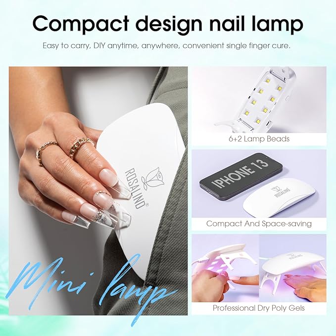ROSALIND Pink Poly Nail Gel Kit -12 Colors + Nail Art Accessories Kit Poly Nails Gel Starter Kit with Slip Solution All Seasons Classic Colors Nails Extensions Set with Mini UV Lamp