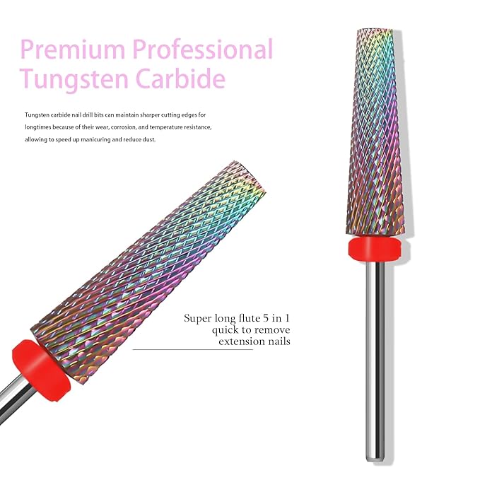 Super Long 5 in 1 Nail Drill Bits, Professional 3/32'' Carbide Tungsten Two Way Rotary Advanced Safety Bits, Fast Remove for Manicure Pedicure Cuticle Acrylic Nails(Rainbow, Fine-F)