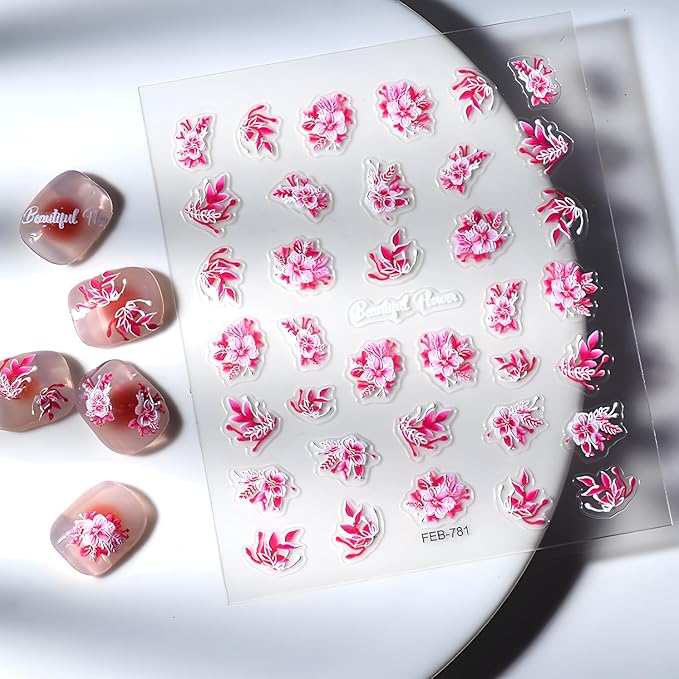Pink Flowers Nail Art Stickers 5D Embossed Self Adhesive Nail Decals Spring Summer Nail Stickers for Nail Art Flower Nail Design Decoration Accessories for Women and Girls