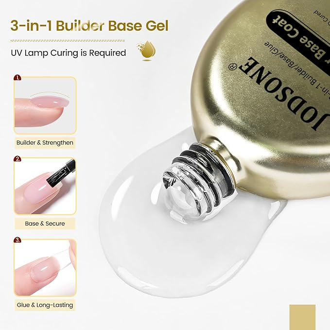 JODSONE Base Coat Gel,16.5ml 3-in-1 Builder Base Coat Gel No Wipe Foundation, Nail Tips & Overlay Structure, Long Lasting, U V/LED Curing for DIY Nail Art