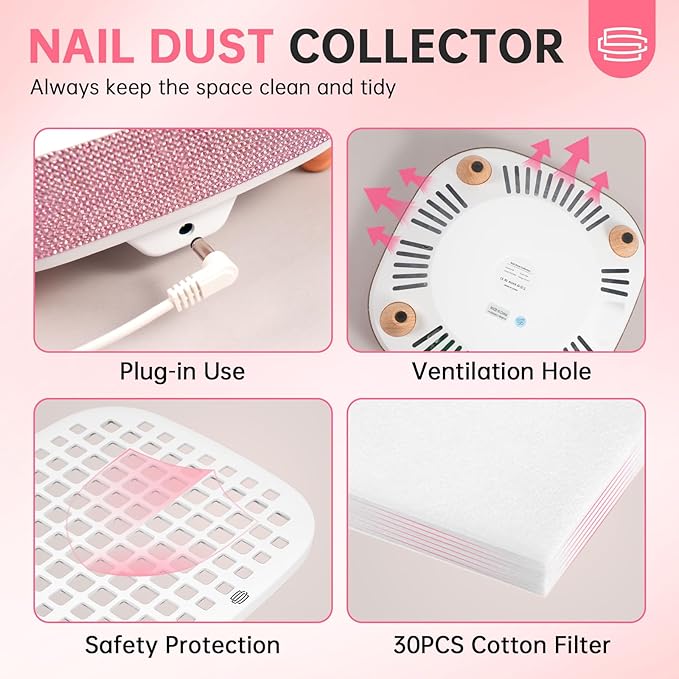 Nail Dust Collector, Dust Collector Nail Tech, Powerful 4000RPM Vacuum Fan Vent Dust Collector Extractor Dust Suction Machine for Acrylic Nails Polishing, Salon Home, Pink Diamond
