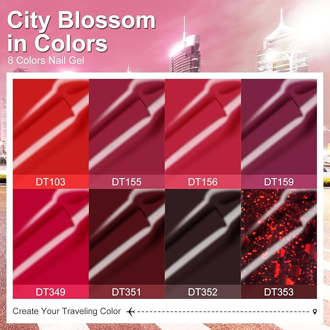 MEET ACROSS Red Gel Nail Polish Set, 8 Colors Bloody Mary Collection Shimmer Red Burgundy Gel Polish Kit Nail Art Design Soak Off Uv LED Gel Nail Kit Minicure DIY Home Gifts for Mom