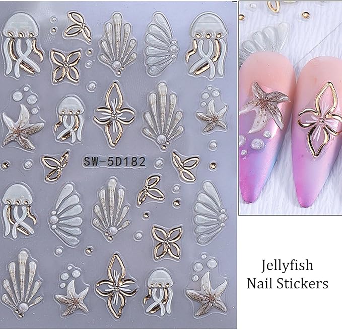 2 Sheets Summer Nail Art Stickers Decals 5D Embossed Ocean Theme Nail Stickers Shells Jellyfish Starfish Design Summer Nails Adhesive Decals Manicure Supply for Women DIY Nail Decorations