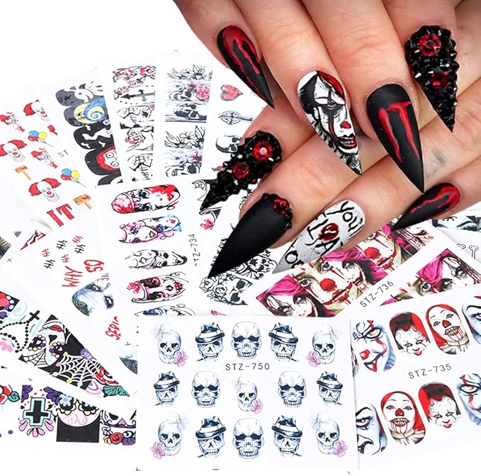24 Sheets Halloween Nail Stickers Day of The Dead Water Transfer Nail Decals Skull Ghost Eye Hulk Clown Witch DIY Nail Art Stickers Halloween Party Supply Fingernails Toenails Decoration