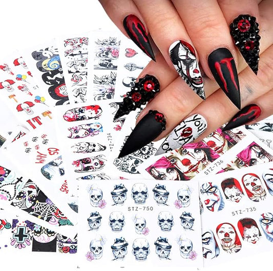 24 Sheets Halloween Nail Stickers Day of The Dead Water Transfer Nail Decals Skull Ghost Eye Hulk Clown Witch DIY Nail Art Stickers Halloween Party Supply Fingernails Toenails Decoration