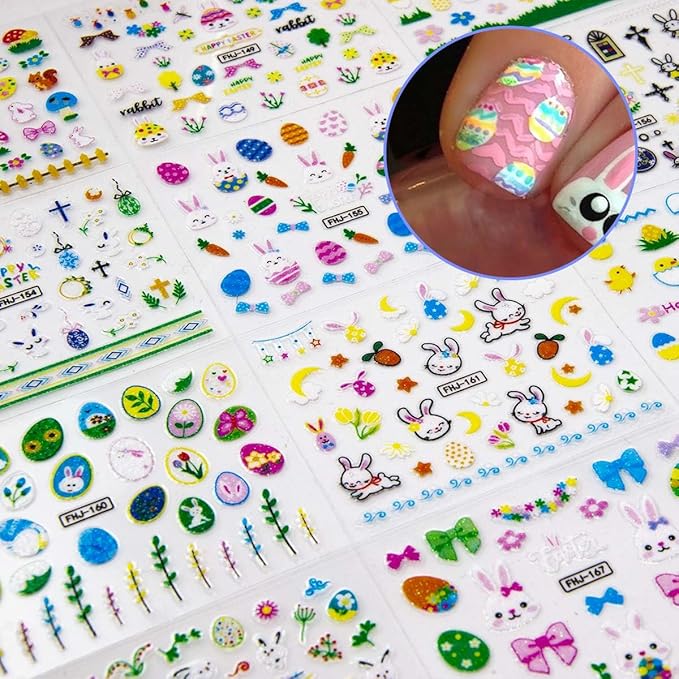 30 Sheets Easter Nail Art Stickers Rabbit Nail Sticker 3D Self-Adhesive Nail Decals Cute Cartoon Bunny Egg Nail Art Design for Women Girls Kids Nails Art Decorations Manicure Accessories