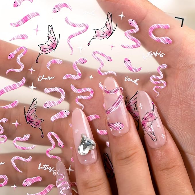 Pink Snake Nail Stickers Butterfly Nail Art Stickers 3D Self-Adhesive Snake Butterfly Star Design Nail Decals Halloween Acrylic DIY Nails Decoration Accessories for Women Holiday Nails