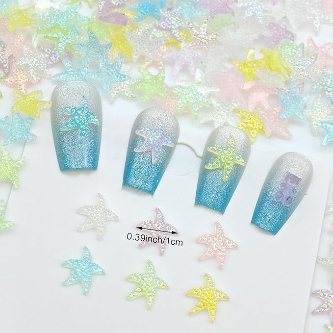 200PCS Iridescent Starfish Nail Art Rhinestones, Pastel Rainbow Colors, Mini Resin Decorations for Manicure