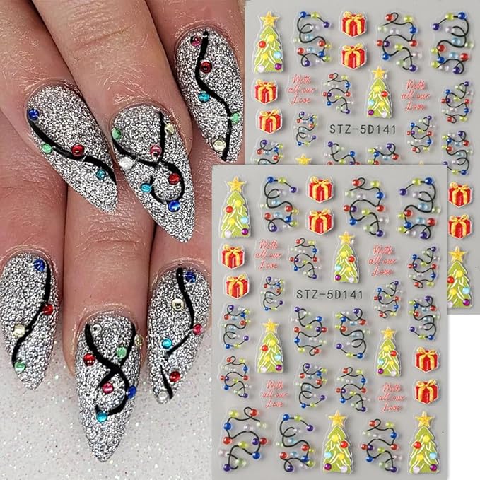 Christmas Nail Stickers 5D Embossed Nail Decals DIY Self Adhesive Nail Design Sticker Christmas Tree Nail Decoration Supplies Holiday Manicure Accessories for Women Girls 3Pcs