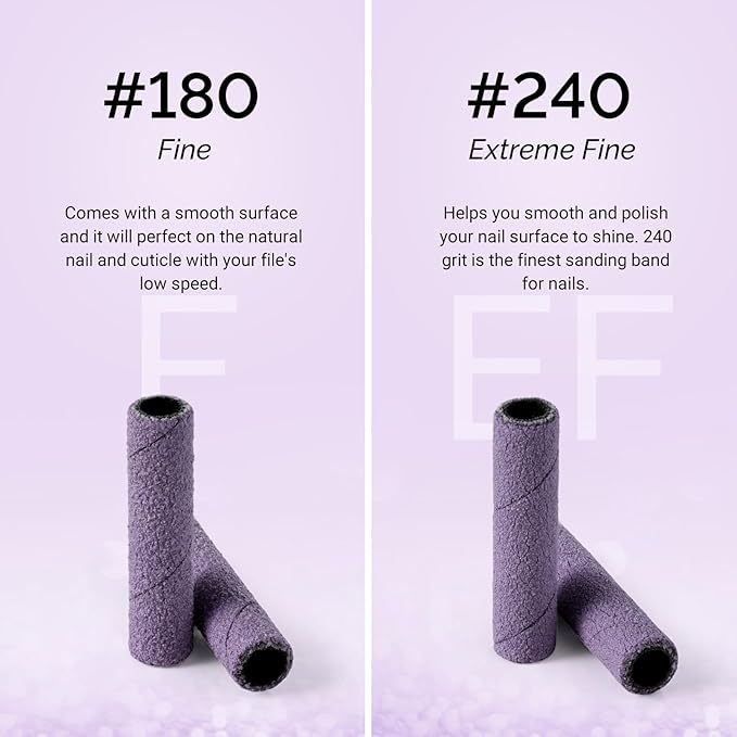 MelodySusie 50 Pcs Nail Drill Bits Super Long Small Sanding Bands with 3.1mm Crystal Mandrel Bit, 180 Fine Grit Nail File for Acrylic Nails Gel Manicures and Pedicure, Purple