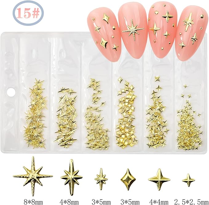 400Pcs Star Moon Nail Charms 3D Gold Silver Metallic Cross Star Nail Art Charms Star Nail Jewelry Decorations Manicure Kit Nails Art Supplies Accessories for Women Girls Acrylic Nails Decor