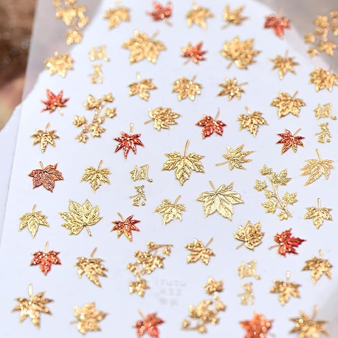 5D Embossed Gold Maple Leaves Nail Stickers for Nail Art Thanksgiving Nail Art Stickers with Glitter Autumn Leaf Design Fall Nail Decals for Women DIY Acrylic Manicure Decoration Accessories 1 Sheets