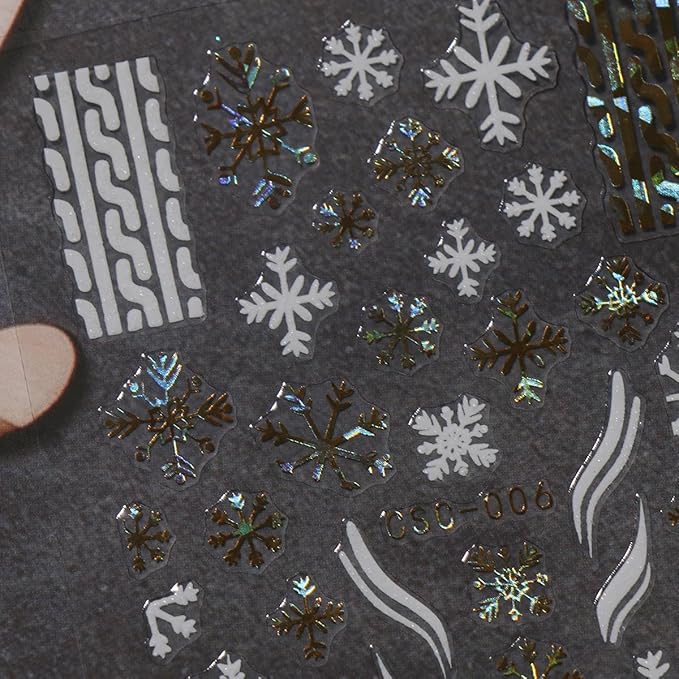 JMEOWIO 8 Sheets Christmas White Glitter Gold Nail Art Stickers Decals Self-Adhesive Snowflake Winter Holiday Nail Supplies Nail Art Design Decoration Accessories