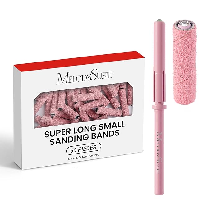 MelodySusie 50 Pcs Nail Drill Bits Super Long Small Sanding Bands with 3.1mm Crystal Mandrel Bit, 120 Medium Grit Nail File for Acrylic Nails Gel Manicures and Pedicure, Pink