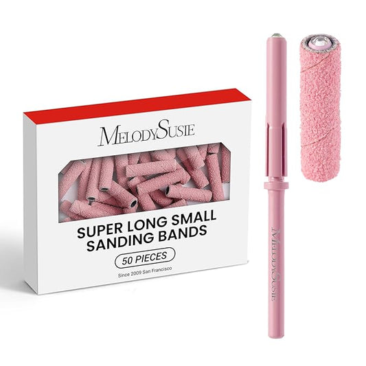 MelodySusie 50 Pcs Nail Drill Bits Super Long Small Sanding Bands with 3.1mm Crystal Mandrel Bit, 120 Medium Grit Nail File for Acrylic Nails Gel Manicures and Pedicure, Pink