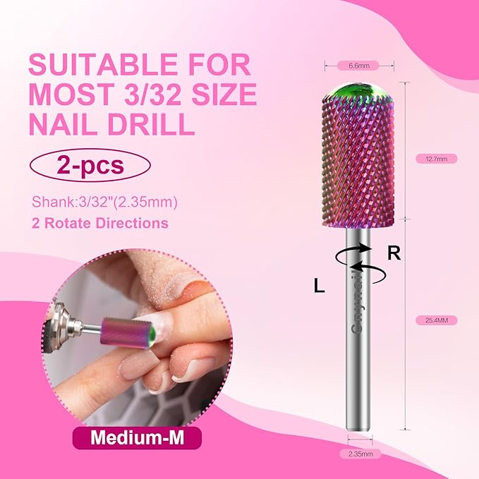 3/32" 2PCS Large Barrel Smooth Round Top Tungsten Carbide Nail Drill Bit Safety Bit for Gel & Acrylic Removal, 2-Way Rotating Efile Tip, Salon Electric File Accessory (M Grit, Multicolor)