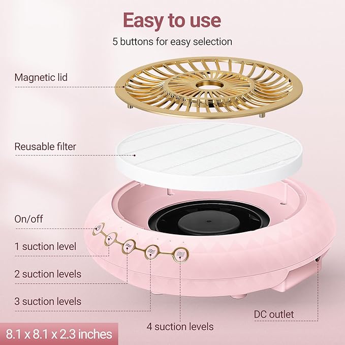 Nail Dust Collector 5000RPM Quiet Vacuum Fan with Dustwith Reusable Filter for Home & Salon Manicure - Beginners & Pros