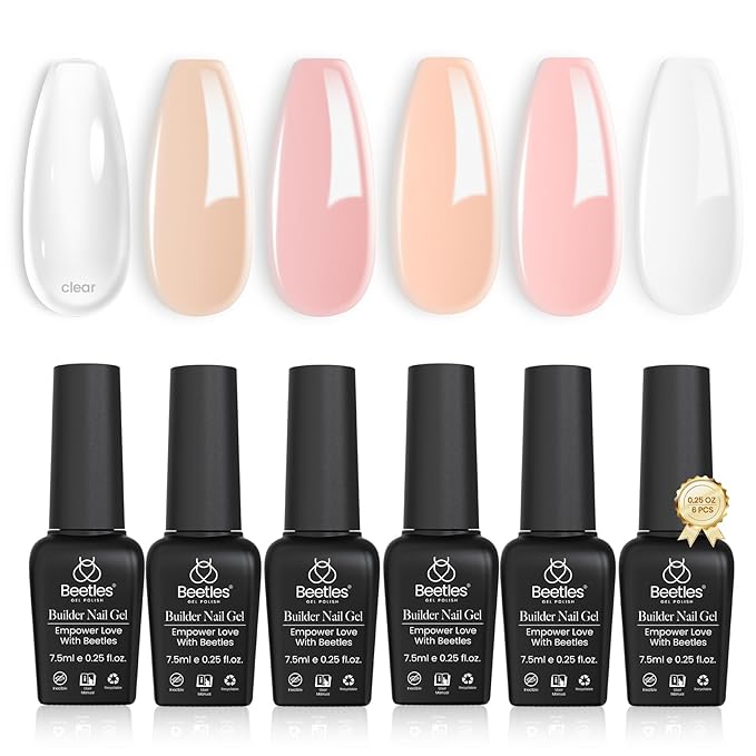 Beetles Builder Gel Set,Soft Nude Whisper 6 Colors 8 in 1 Strengthening Apex Building Nail Extension for Beginners DIY Salon at Home,Nude Builder Nail Gel,UV & LED Lamp Needed