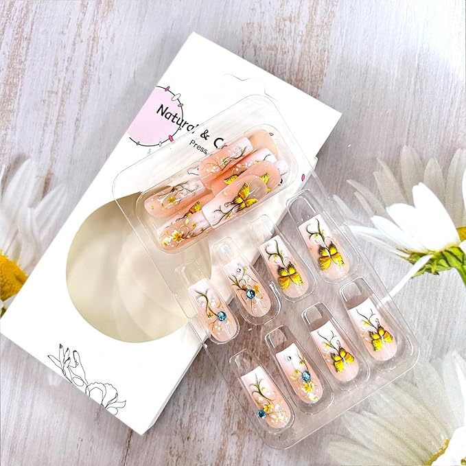 Flower Press on Nails Medium Ballet Shaped Glitter Rhinestones Buttefly Pattern Design Gradient Artificial False Nails Full Cover Reusable Glue on Nail for Women Blossom Manicure 24Pcs