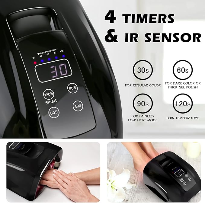 90W Professional Wireless Cordless Rechargeable UV LED Nail Lamp,Nail Lamp Gel Nail Curing Dryer Light for Nails with 45 Beads,4 Timer Setting LCD Display Nail Polish Machine (Black)
