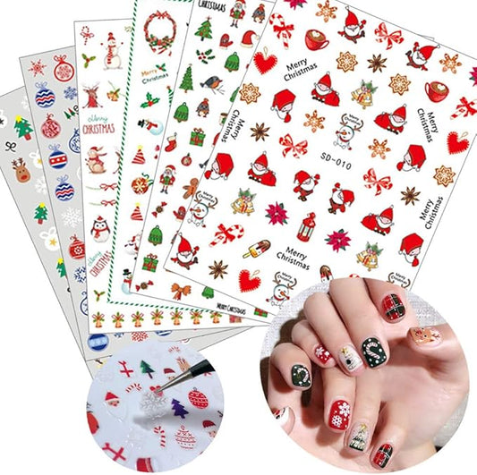 6 Sheets Christmas Nail Art Stickers 3D Snowflake Self-Adhesive Nail Decals Tree Bell Santa Claus Elk Sock Designs Sticker Xmas Winter Nails Supplies for Fingernails & toenail Charms Nail Art Decor